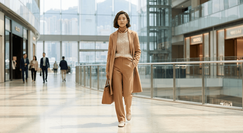 Camel and beige tonal monochrome outfit with layered textures