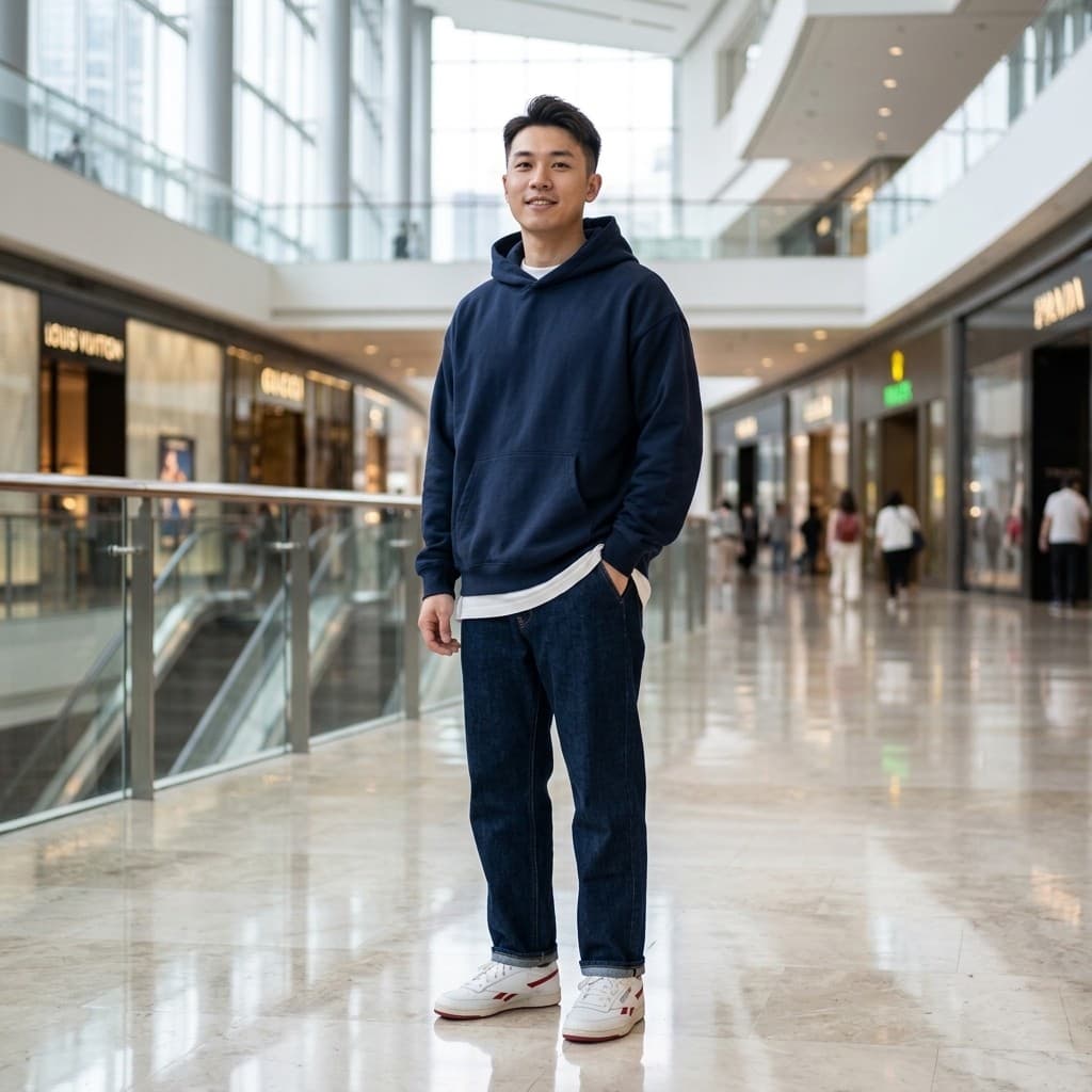 Navy hoodie and straight jeans
