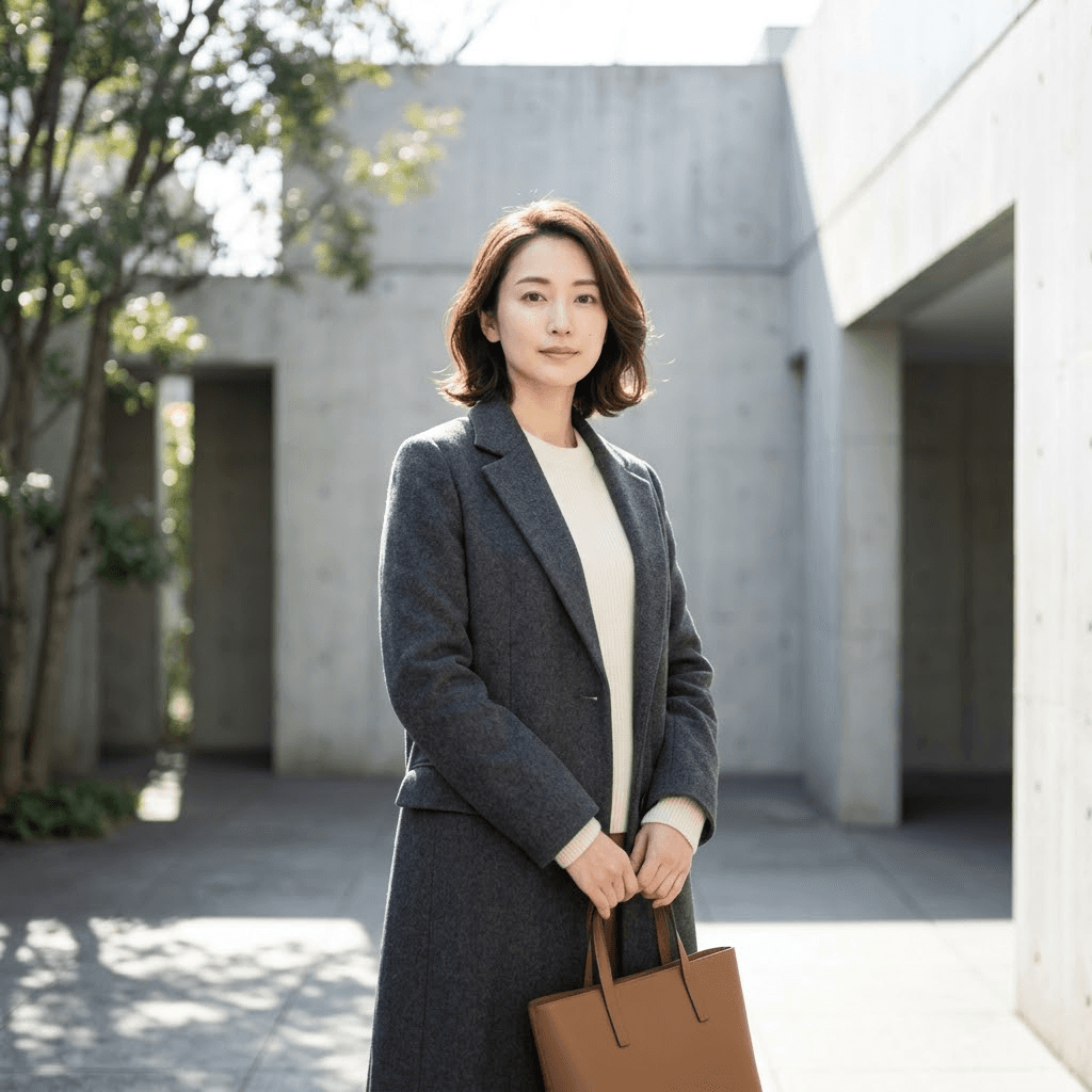 60-30-10 outfit: charcoal coat, cream knit, caramel leather tote