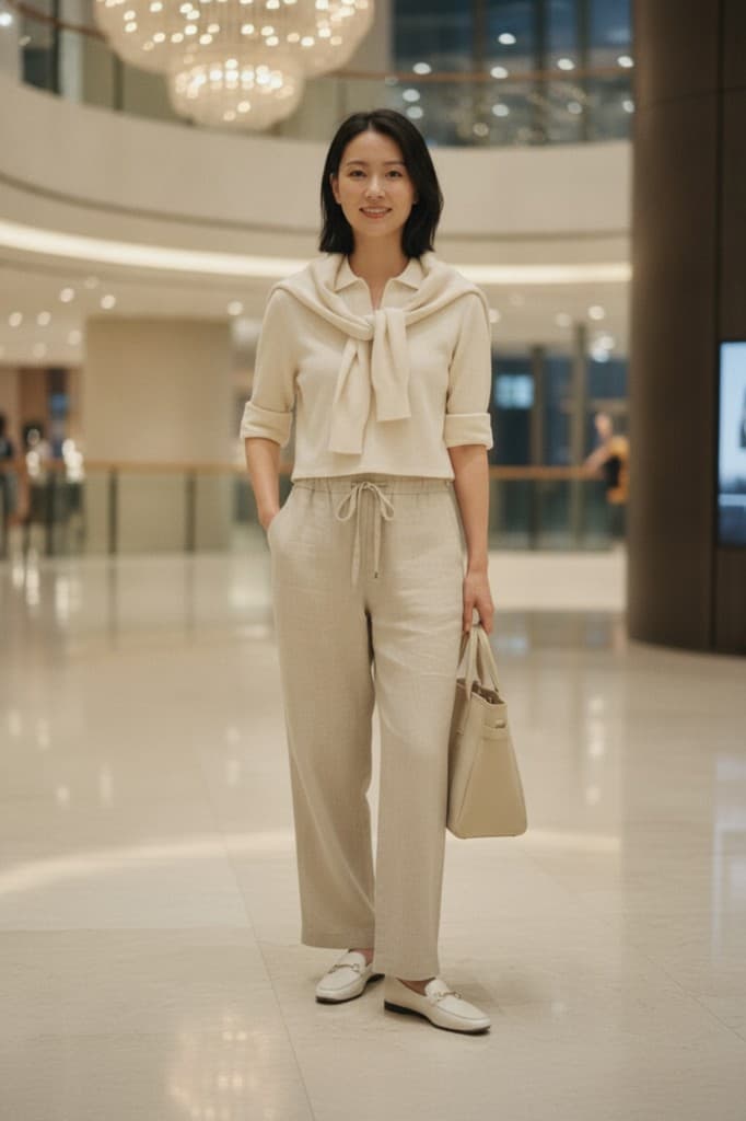 Beige top and wide trousers