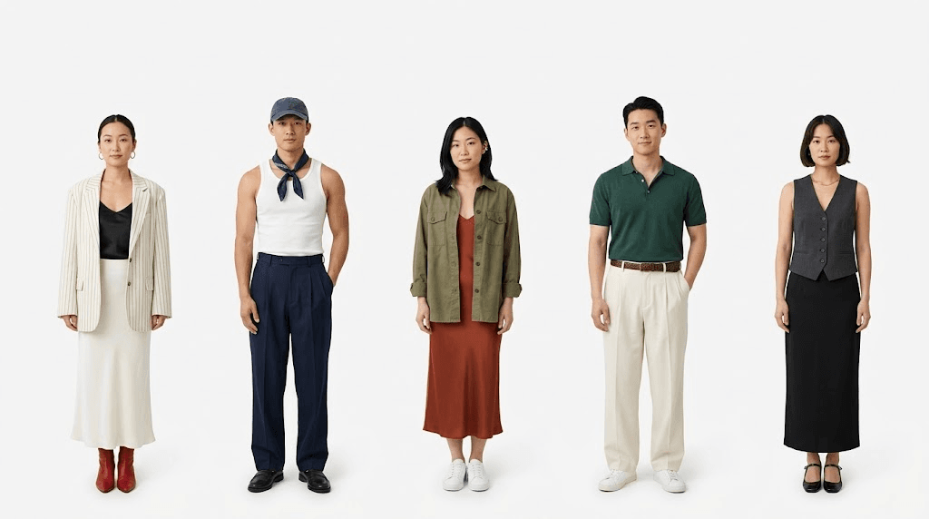 Five Asian models in a row, wearing weekday and weekend looks