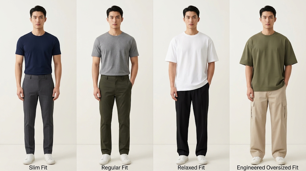 Four fits compared: slim, regular, relaxed, engineered oversized — look one