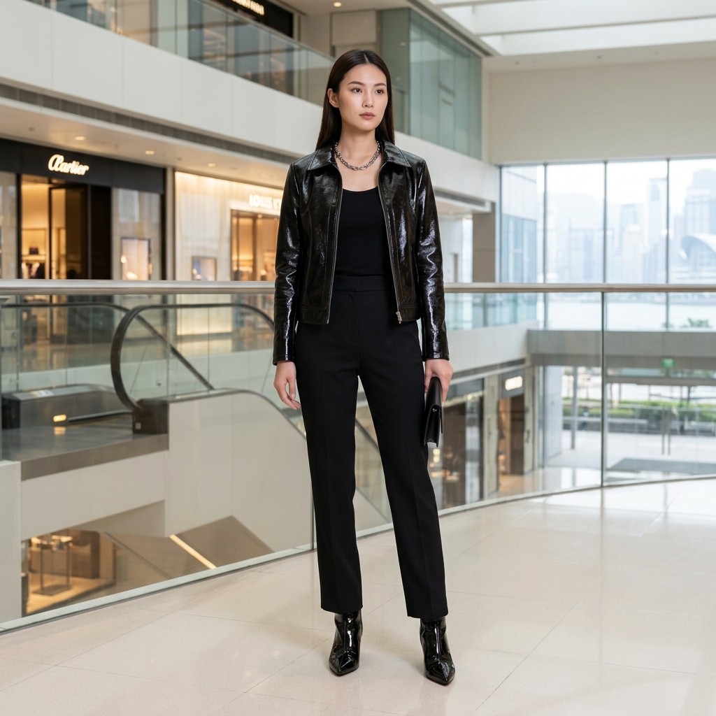 All-black look: leather jacket, tailored trousers, patent boots