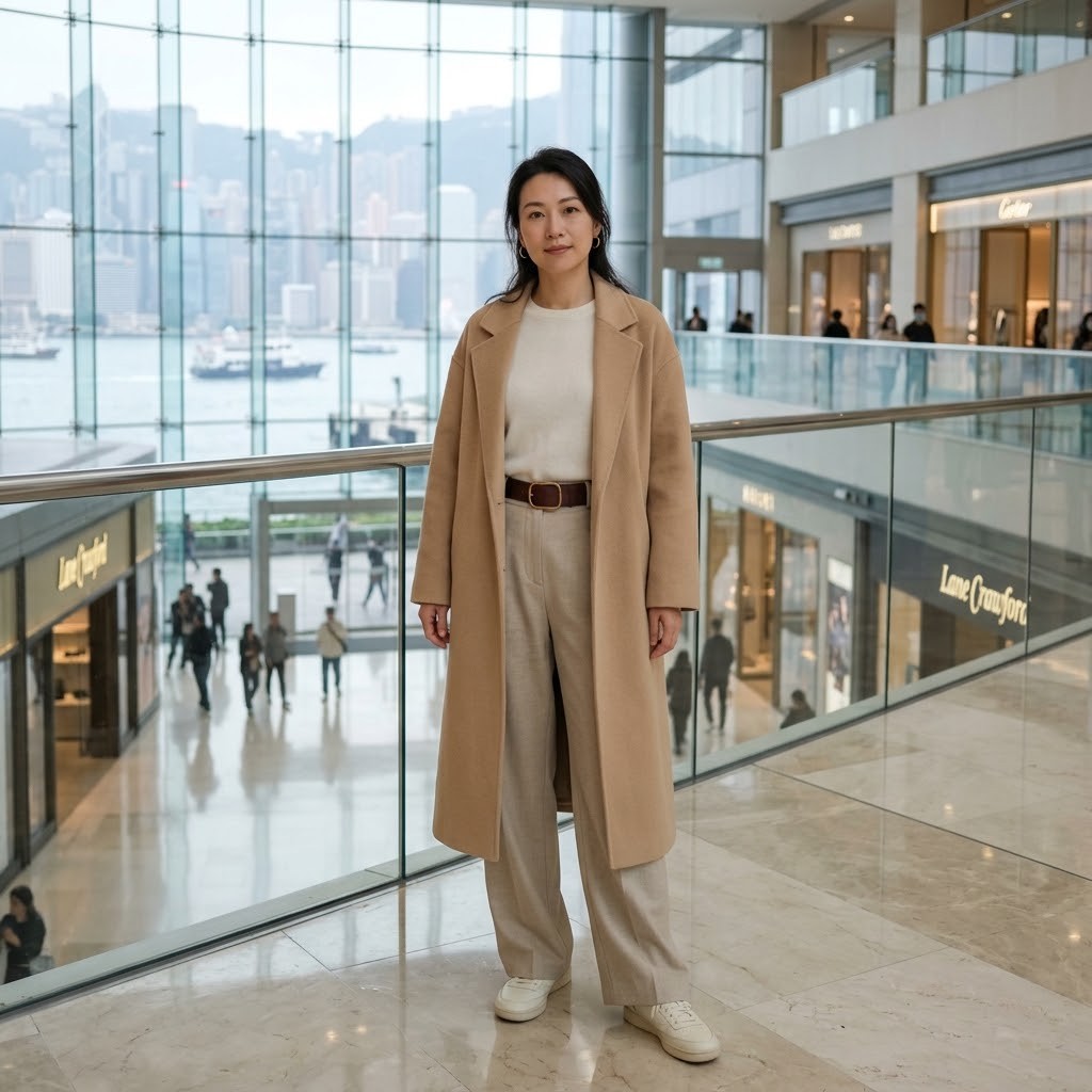 Milk-tea tonal look: beige coat, cream knit, oatmeal trousers