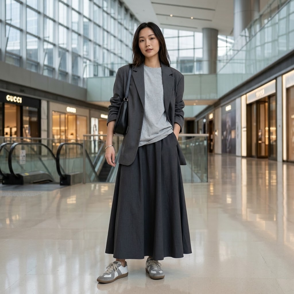 Grey monochrome look: blazer, maxi skirt, suede sneakers