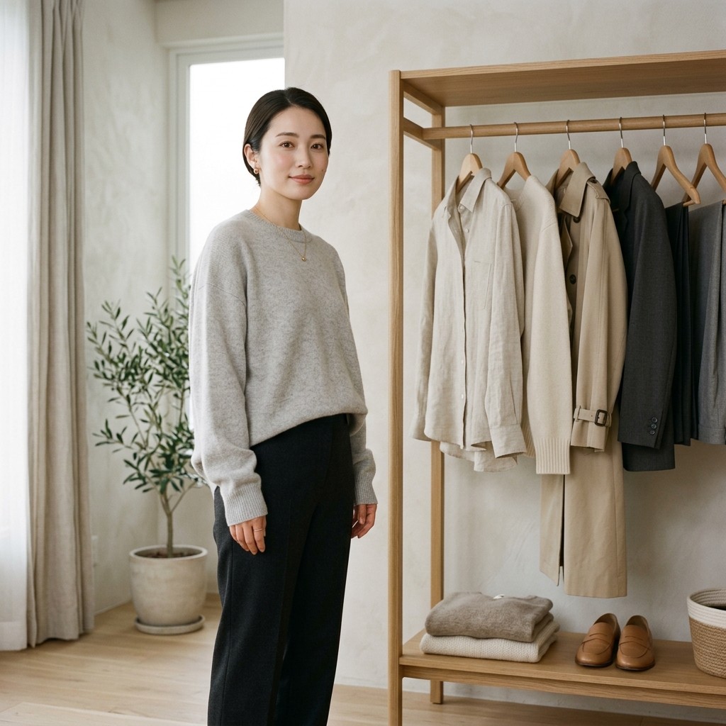 Minimal capsule wardrobe with light grey knit and black trousers