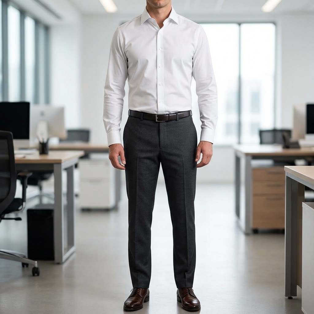 Full tuck: white shirt tucked into charcoal trousers
