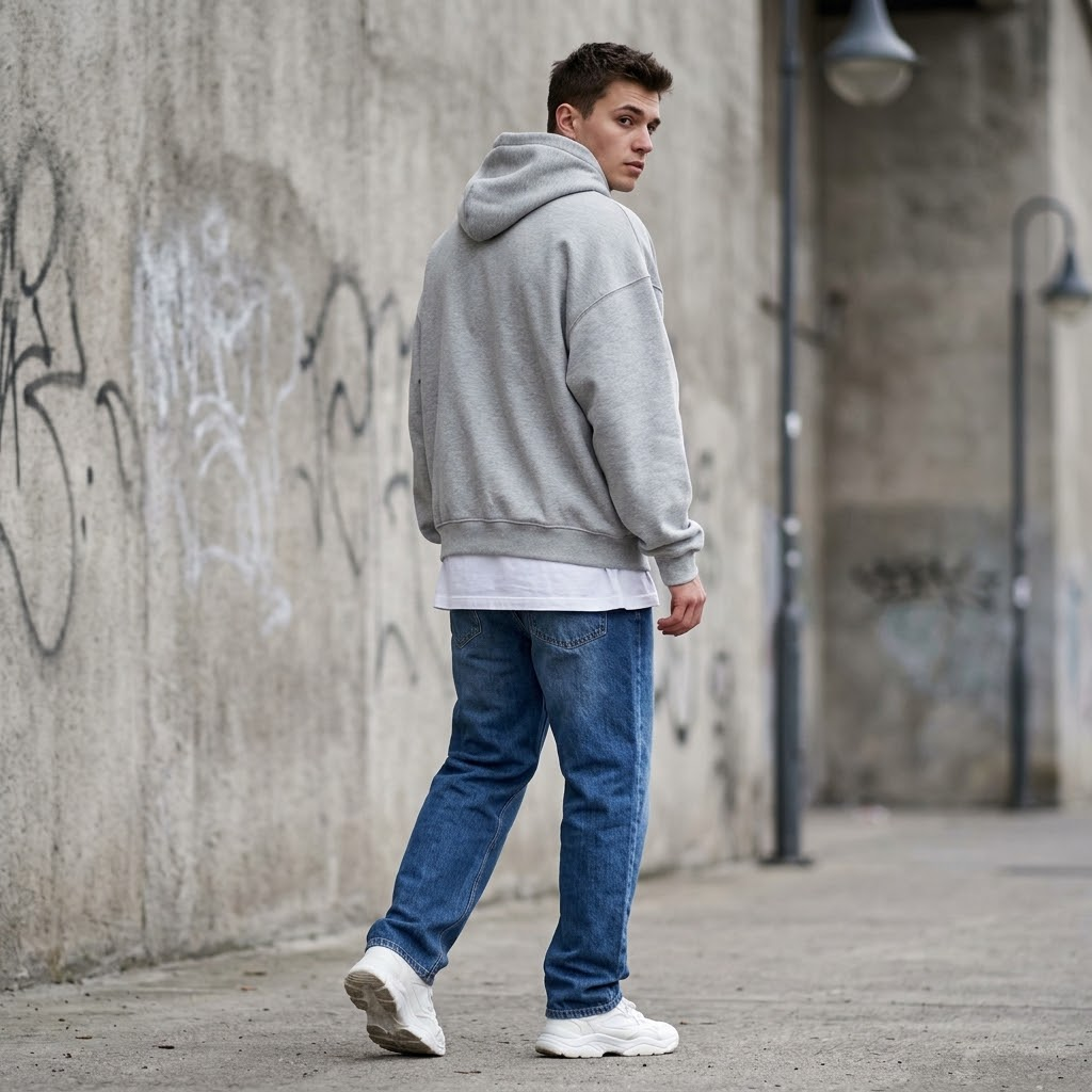 Leave out: hoodie over an untucked tee with jeans